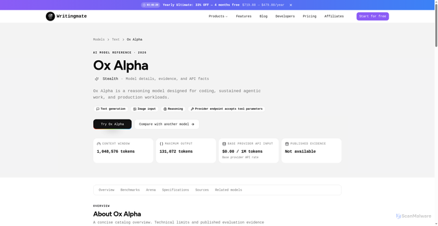 Security scan screenshot of https://writingmate.ai/models/stealth/ox-alpha