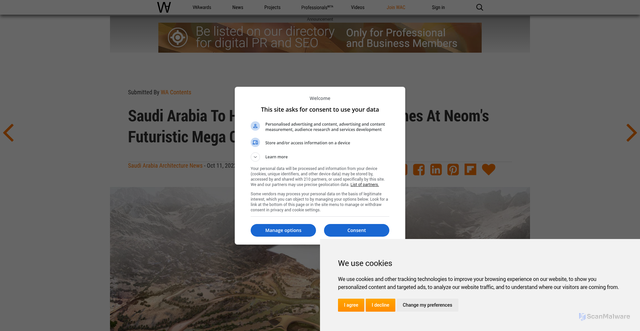 Security scan screenshot of https://worldarchitecture.org/architecture-news/enevm/saudi-arabia-to-host-2029-asian-winter-games-at-neom-s-futuristic-mega-city-trojena-.html%E2%80%A6