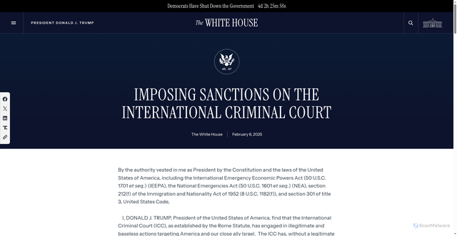 Security scan screenshot of https://www.whitehouse.gov/presidential-actions/2025/02/imposing-sanctions-on-the-international-criminal-court/