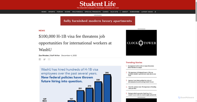 Security scan screenshot of https://www.studlife.com/news/2025/12/04/100000-h-1b-visa-fee-threatens-job-opportunities-for-international-workers-at-washu