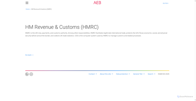 Security scan screenshot of https://www.aeb.com/en/glossary/hm-revenue-and-customs-hmrc.php