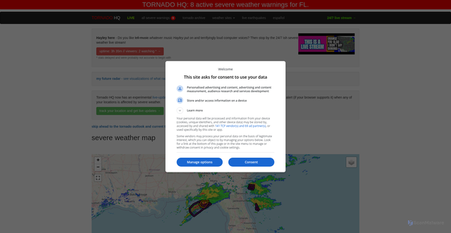 Security scan screenshot of https://www.tornadohq.com/severe-weather-map/