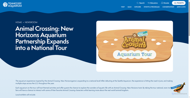 Security scan screenshot of https://tnaqua.org/news/animal-crossing-new-horizons-aquarium-partnership-expands-into-a-national-tour/