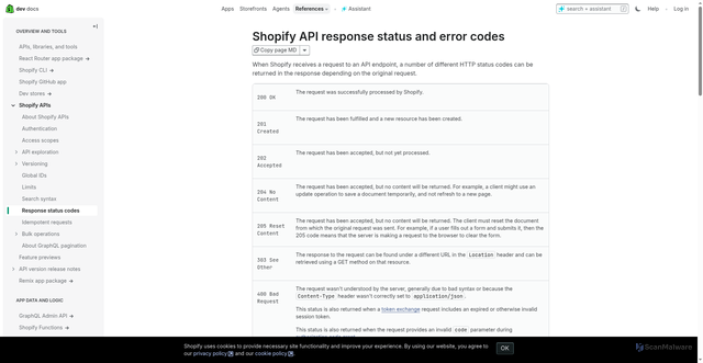 Security scan screenshot of https://shopify.dev/docs/api/usage/response-codes