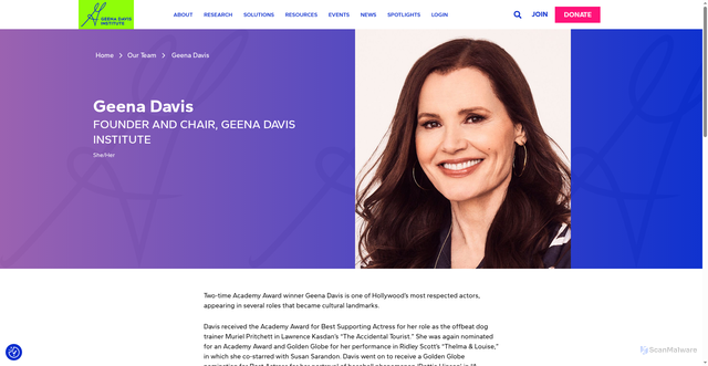 Security scan screenshot of https://geenadavisinstitute.org/team-member/geena-davis-institute-founder/