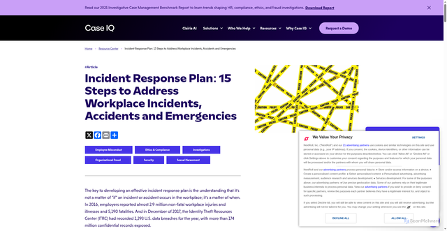 Security scan screenshot of https://www.caseiq.com/resources/incident-response-plan-15-steps-to-address-workplace-incidents-accidents-and-emergencies