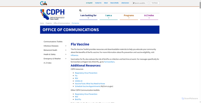 Security scan screenshot of https://www.cdph.ca.gov/Programs/OPA/Pages/Communications-Toolkits/my-turn-flu.aspx