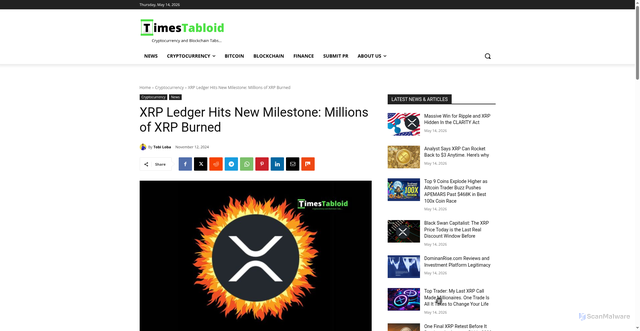 Security scan screenshot of https://timestabloid.com/xrp-ledger-hits-new-milestone-millions-of-xrp-burned/