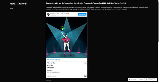 Security scan screenshot of https://metalanarchy.com/2025/10/20/system-of-a-down-deftones-and-korn-tracks-featured-in-teaser-for-2026-sick-new-world-festival/