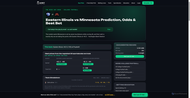 Security scan screenshot of https://wiseguyteam.com/cfb/eastern-illinois-vs-minnesota-prediction