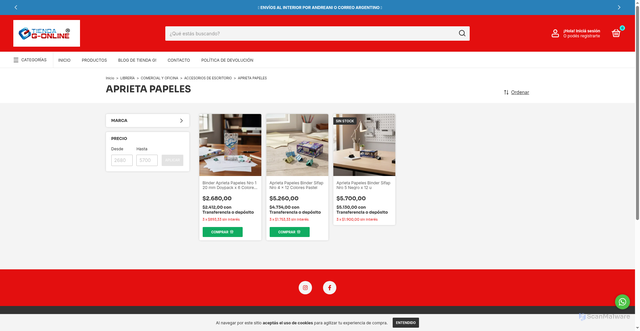 Security scan screenshot of https://tiendagonline.com.ar/libreria2/comercial-y-oficina1/accesorios-de-escritorio/aprieta-papeles/