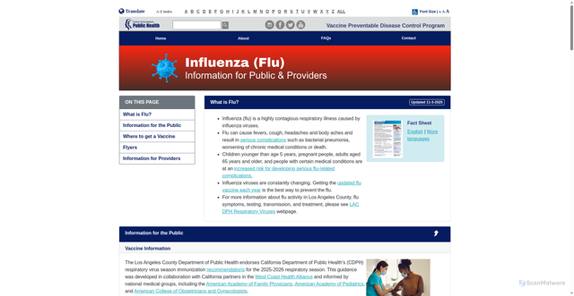 Security scan screenshot of http://ph.lacounty.gov/ip/diseases/flu/index.htm