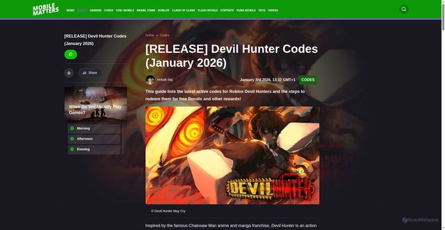 Security scan screenshot of https://mobilematters.gg/guides/redeem-codes/devil-hunter-codes