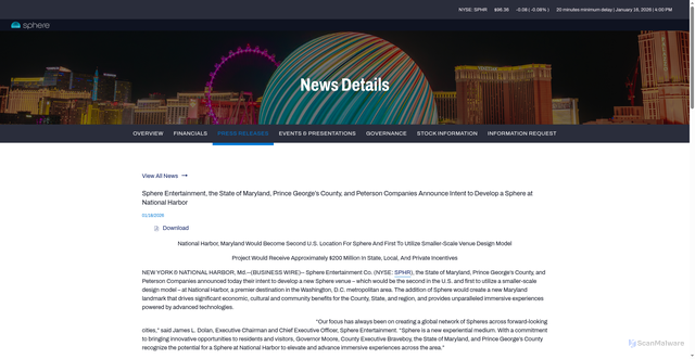 Security scan screenshot of https://investor.sphereentertainmentco.com/press-releases/news-details/2026/Sphere-Entertainment-the-State-of-Maryland-Prince-Georges-County-and-Peterson-Companies-Announce-Intent-to-Develop-a-Sphere-at-National-Harbor/default.aspx