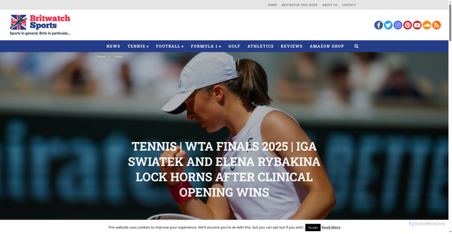 Security scan screenshot of https://britwatchsports.com/tennis-wta-finals-2025-iga-swiatek-and-elena-rybakina-lock-horns-after-clinical-opening-wins/