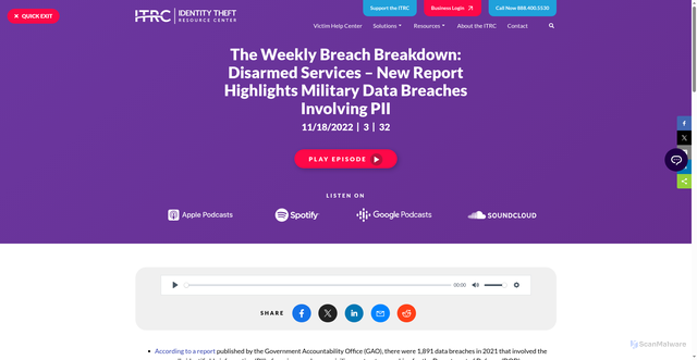 Security scan screenshot of https://www.idtheftcenter.org/podcast/weekly-breach-breakdown-disarmed-services-report-highlights-military-data-breaches-involving-pii/