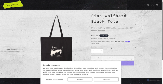 Security scan screenshot of https://shop.finnwolfhardmusic.com/products/finn-wolfhard-black-tote