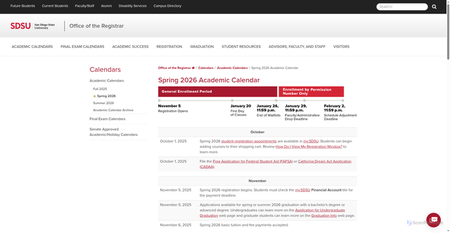 Security scan screenshot of https://registrar.sdsu.edu/calendars/academic/spring-2026