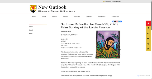 Security scan screenshot of https://news.diocesetucson.org/news/scripture-reflection-for-march-29-2026-palm-sunday-of-the-lords-passion