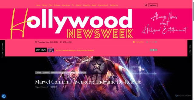 Security scan screenshot of https://www.hollywoodnewsweek.com/cinema/marvel-confirms-avengers-endgame-re-release/
