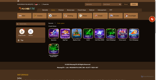 Security scan screenshot of https://musang178ceo.com/games/crash_game