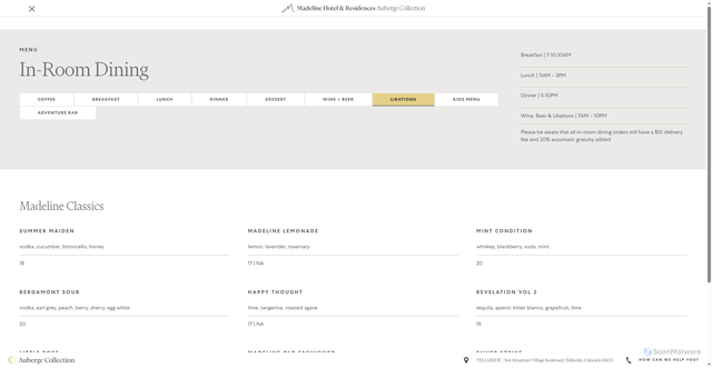 Security scan screenshot of https://auberge.com/madeline/in-room-dining/libations/