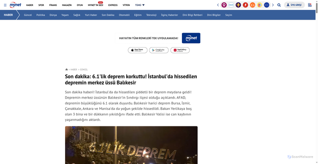Security scan screenshot of https://haber.mynet.com/istanbul-da-hissedilen-bir-deprem-oldu-110107247493