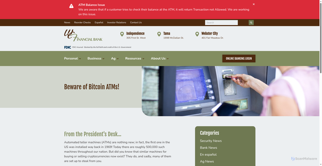 Security scan screenshot of https://wcfbank.com/beware-of-bitcoin-atms.html