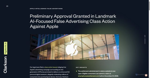 Security scan screenshot of https://clarksonlawfirm.com/lp/apple-intelligence-false-advertising/