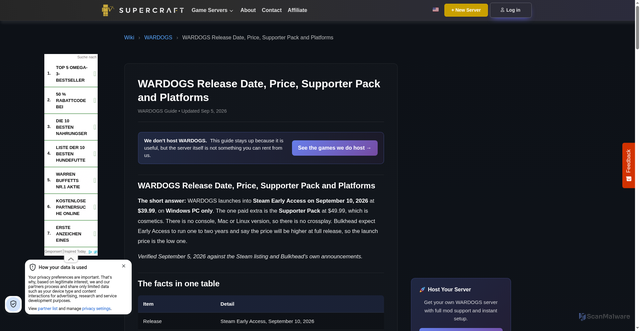 Security scan screenshot of https://supercraft.host/wiki/wardogs/release_date_price_platforms/