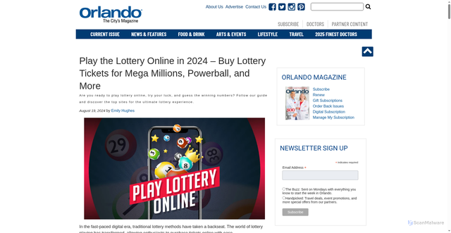 Security scan screenshot of https://www.orlandomagazine.com/play-lottery-online/