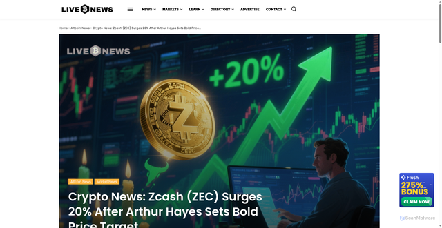 Security scan screenshot of https://www.livebitcoinnews.com/crypto-news-zcash-zec-surges-20-after-arthur-hayes-sets-bold-price-target/