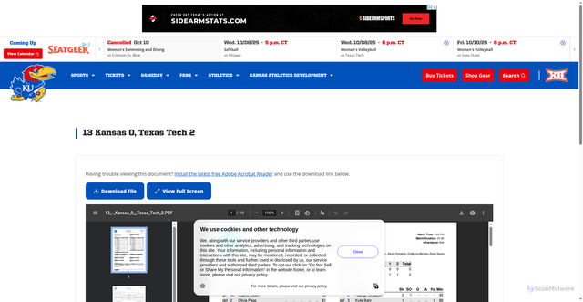 Security scan screenshot of https://kuathletics.com/documents/2025/10/6/13_-_Kansas_0__Texas_Tech_2.PDF