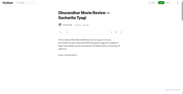 Security scan screenshot of https://sucharitatyagi.medium.com/dhurandhar-movie-review-sucharita-tyagi-7befae3c83b5