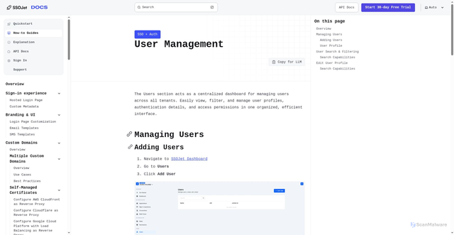 Security scan screenshot of https://ssojet-docs.pages.dev/en/how-to-guides/user-management/user-management/