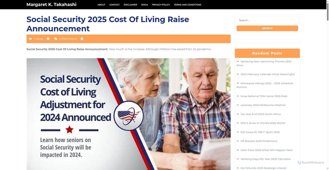 Security scan screenshot of https://margaretktakahashi.pages.dev/ndxr-social-security-2025-cost-of-living-raise-announcement-erpcz/