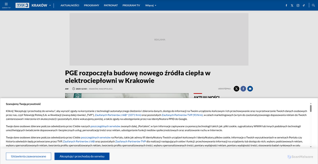 Security scan screenshot of https://krakow.tvp.pl/90352835/pge-rozpoczela-budowe-zrodla-ciepla-w-krakowie-za-886-mln-zl