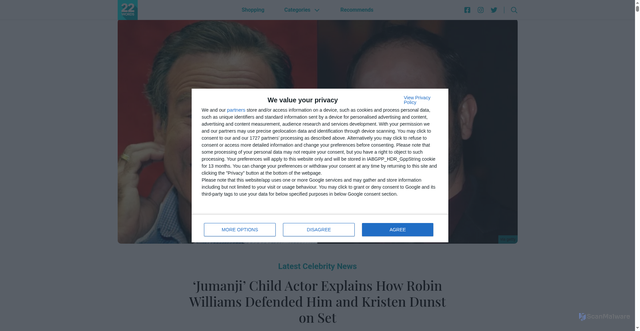 Security scan screenshot of https://twentytwowords.com/jumanji-child-actor-explains-how-robin-williams-defended-him-and-kristen-dunst-on-set/