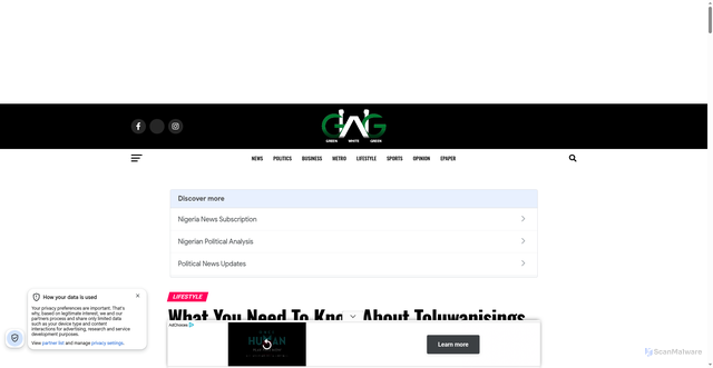 Security scan screenshot of https://gwg.ng/2026/10/14/what-you-need-to-know-about-toluwanisings/