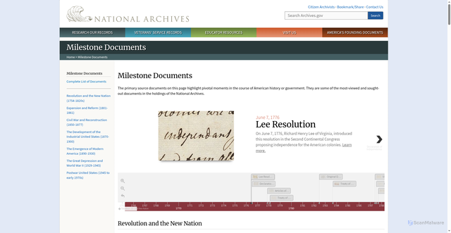 Security scan screenshot of https://www.archives.gov/milestone-documents/list