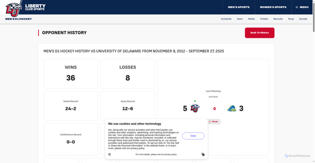Security scan screenshot of https://libertyclubsports.com/sports/mens-d1-hockey/opponent-history/university-of-delaware/26