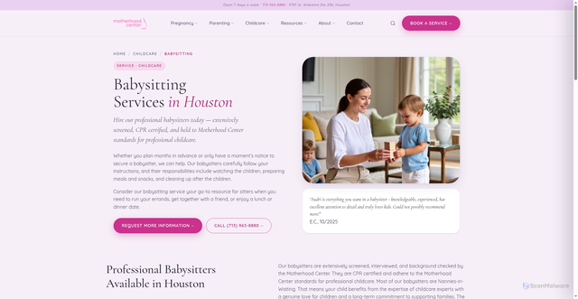 Security scan screenshot of https://www.motherhoodcenter.com/houston-babysitting-services