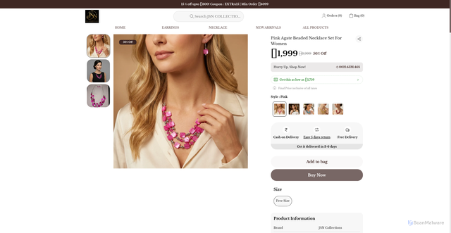 Security scan screenshot of https://jsncollections.com/Pink-Agate-Beaded-Necklace-Set-For-Women/catalogue/IKF5XM5L/m4JxNapz