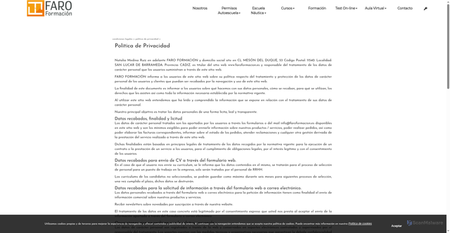 Security scan screenshot of https://faroformacion.es/es/politica-de-privacidad