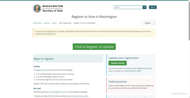 Security scan screenshot of https://www.sos.wa.gov/elections/voters/voter-registration/register-vote-washington