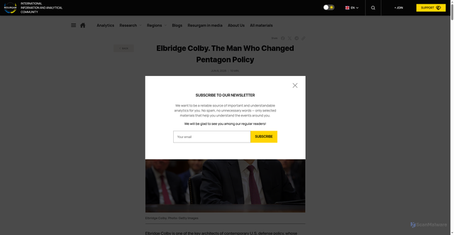 Security scan screenshot of https://resurgamhub.org/analytics/north-america/usa/politics/elbridge-colby-the-man-who-changed-pentagon-policy