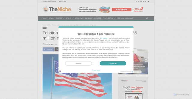 Security scan screenshot of https://thenicheng.com/tension-as-us-moves-to-revoke-citizenship-of-25-million-naturalised-immigrants/