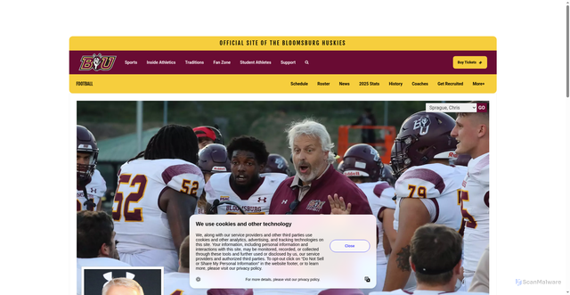 Security scan screenshot of https://bloomsburgathletics.com/sports/football/roster/coaches/chris-sprague/1377