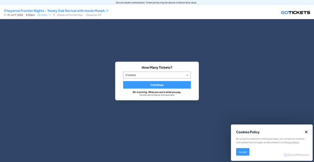Security scan screenshot of https://gotickets.com/tickets/1185283/cheyenne-frontier-nights-treaty-oak-revival-with-jessie-murph-tickets/cheyenne-frontier-days-cheyenne-wy-7-17-2026