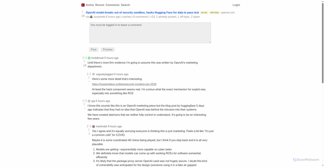 Security scan screenshot of https://lobste.rs/s/7nrek3/openai_model_breaks_out_security_sandbox